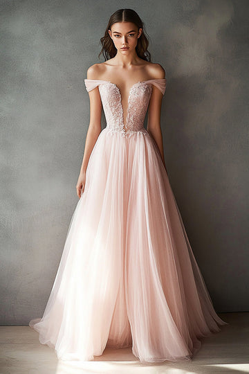 Robe de bal longue en tulle rose à épaules dénudées avec dentelle